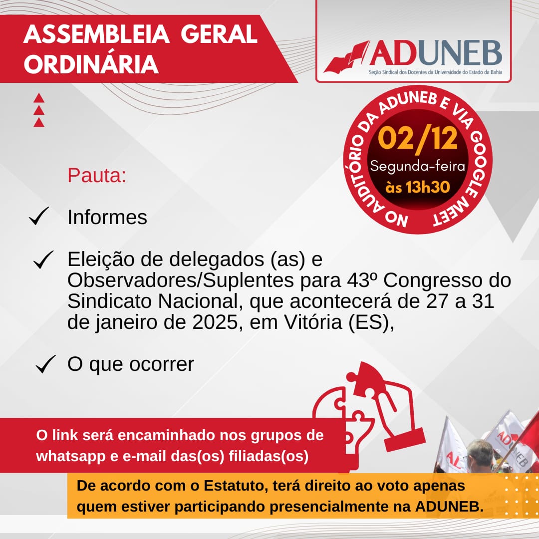 LINK de acesso à Assembleia Docente da ADUNEB (02/12/2024)